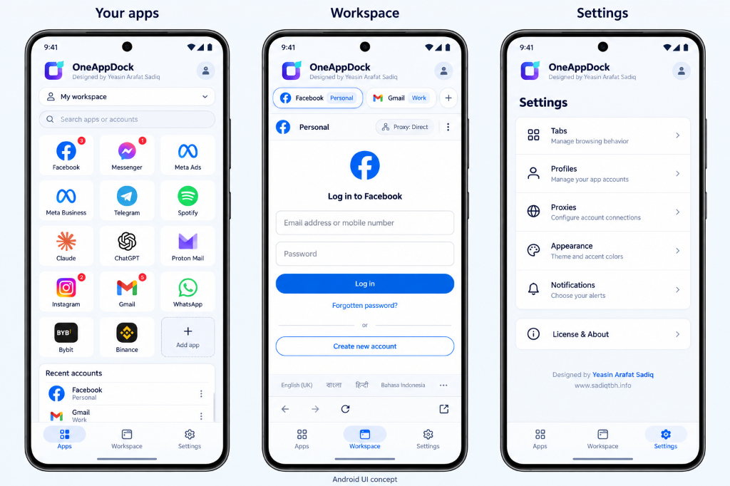 OneAppDock Android UI Mockup — Your Apps, Workspace, Settings