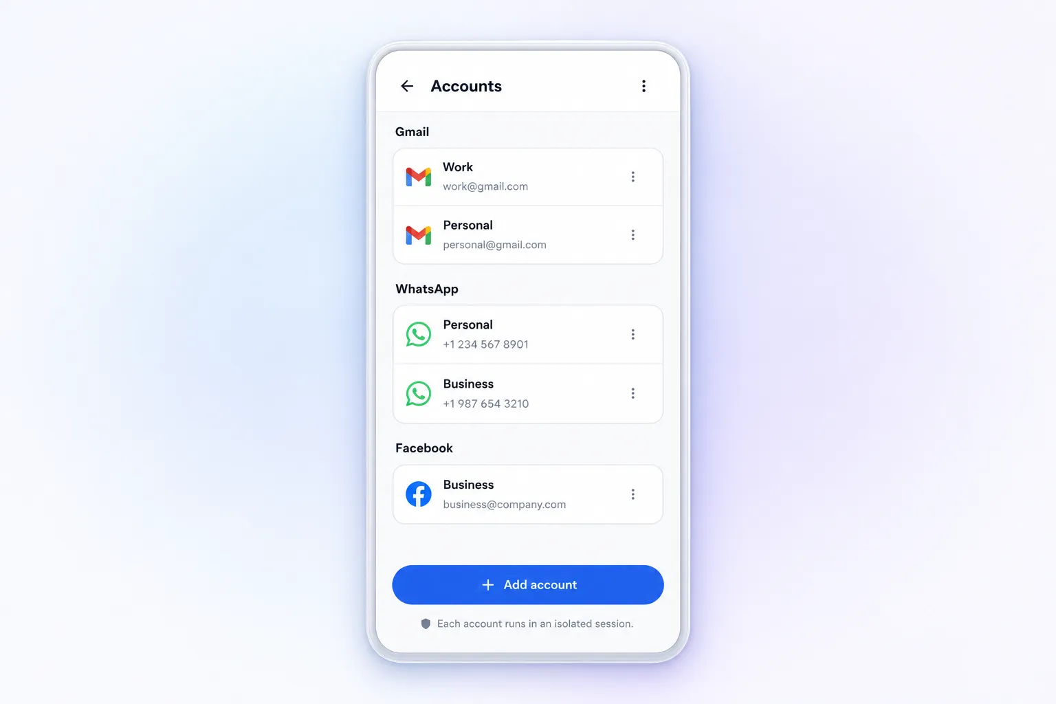 OneAppDock for Android — Mobile workspace showing multi-account services
